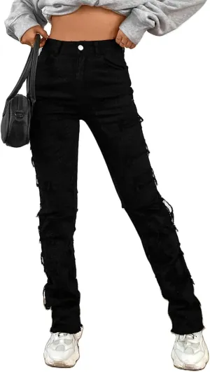 Womens Stacked Straight Leg Jeans High Waist Distressed Stretch Ripped Skinny Jeans Boyfriend Frayed Denim Pants