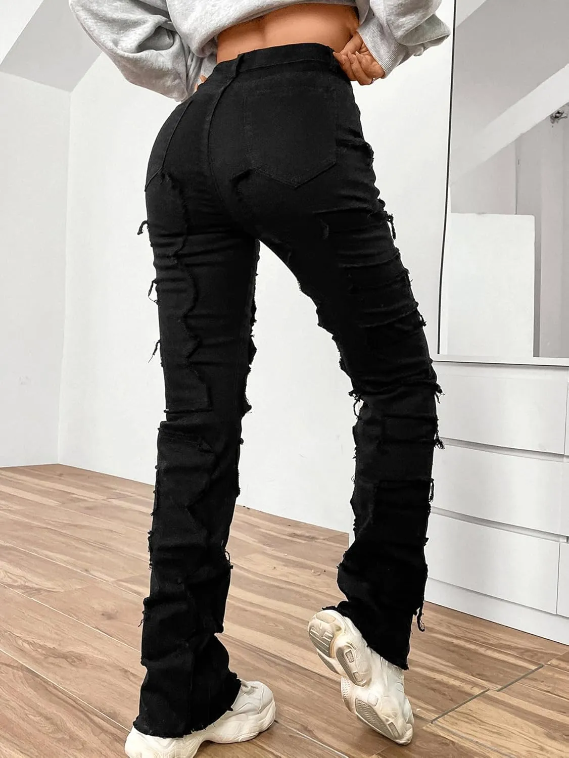 Womens Stacked Straight Leg Jeans High Waist Distressed Stretch Ripped Skinny Jeans Boyfriend Frayed Denim Pants