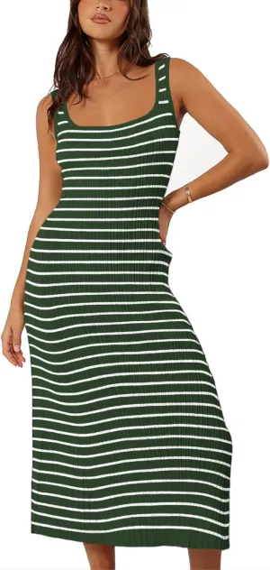 Womens Striped Bodycon Long Dress 2025 Summer Sleeveless Square Neck Ribbed Knit Tank Dress