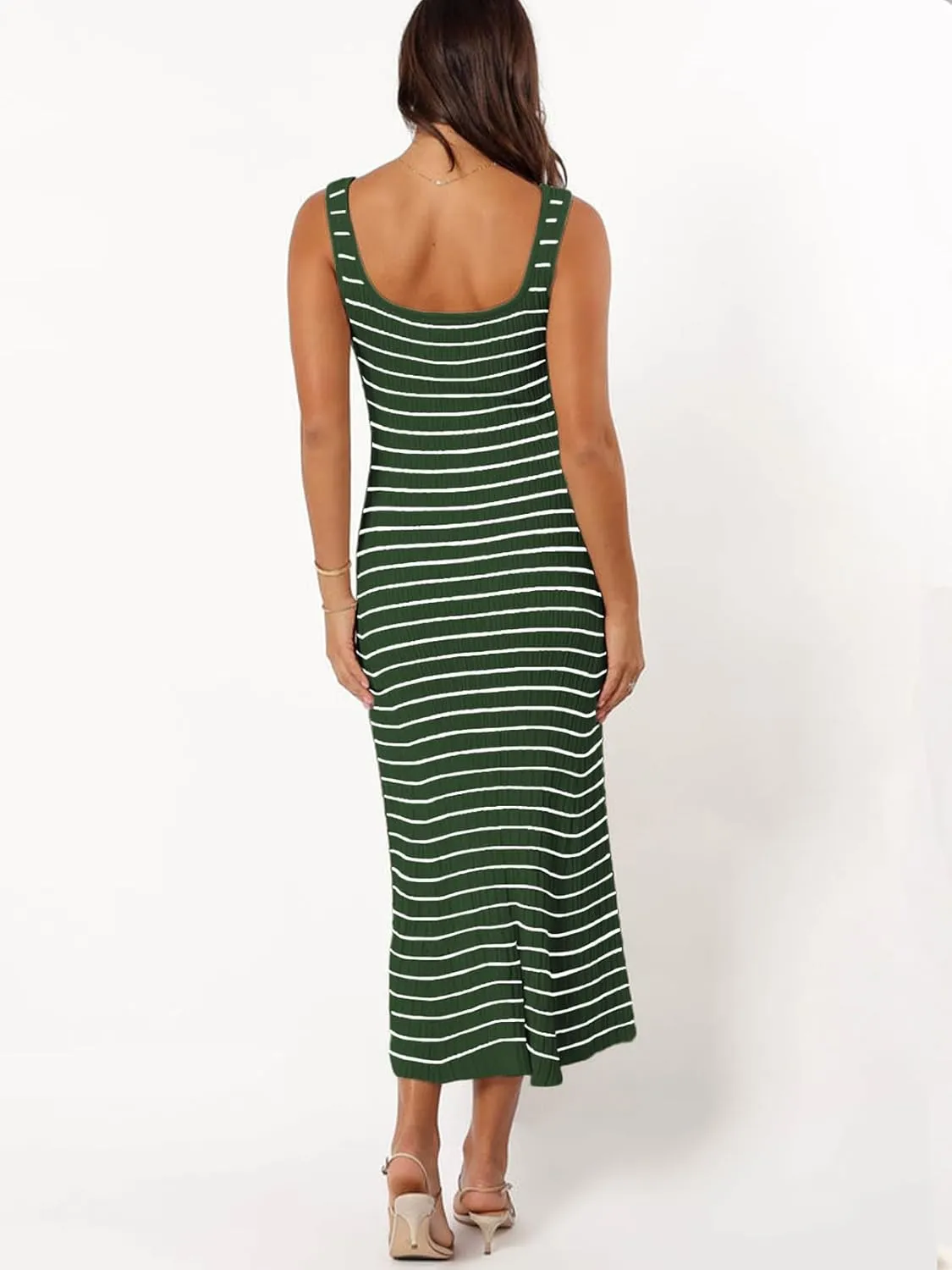 Womens Striped Bodycon Long Dress 2025 Summer Sleeveless Square Neck Ribbed Knit Tank Dress
