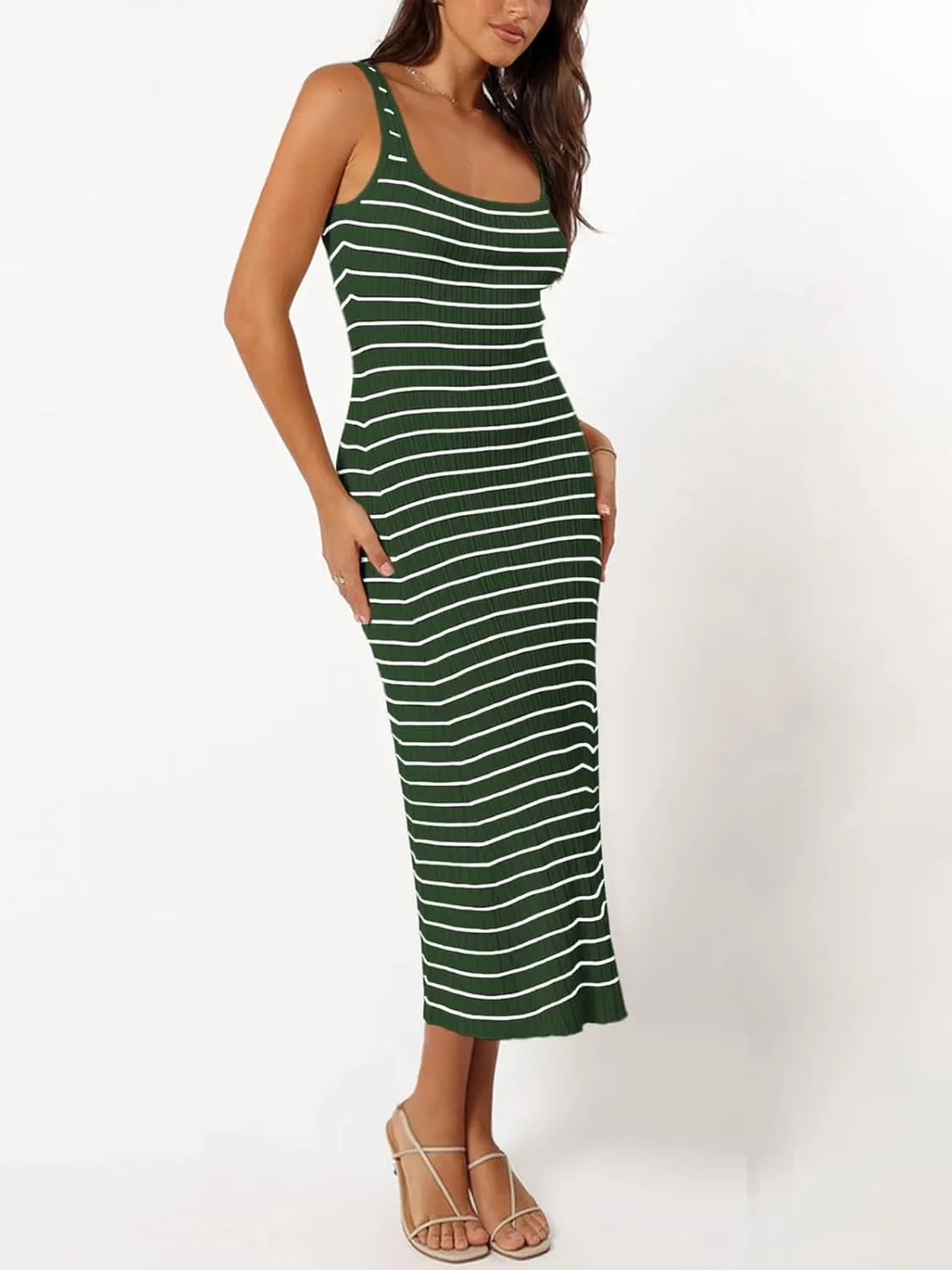 Womens Striped Bodycon Long Dress 2025 Summer Sleeveless Square Neck Ribbed Knit Tank Dress