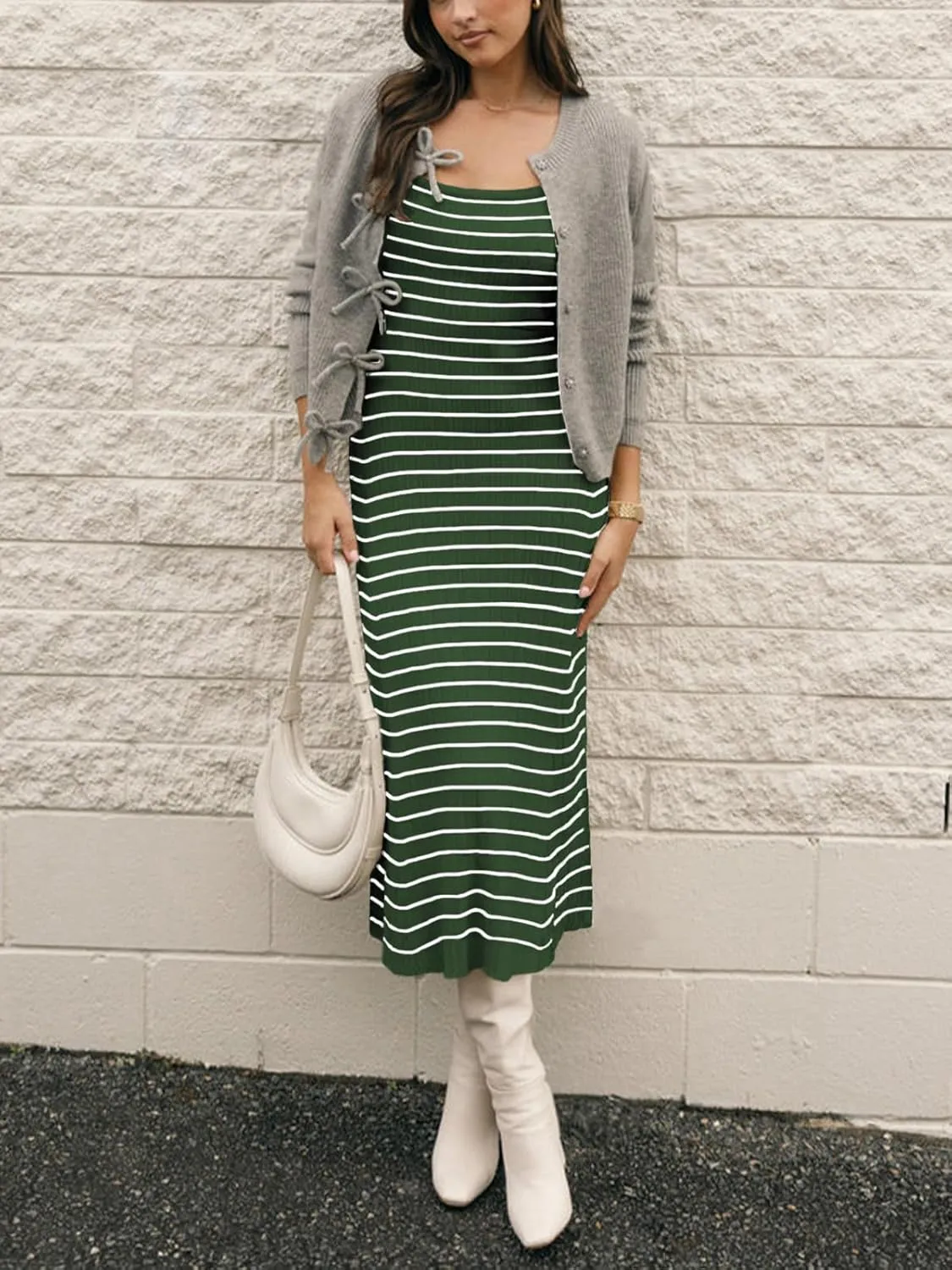 Womens Striped Bodycon Long Dress 2025 Summer Sleeveless Square Neck Ribbed Knit Tank Dress