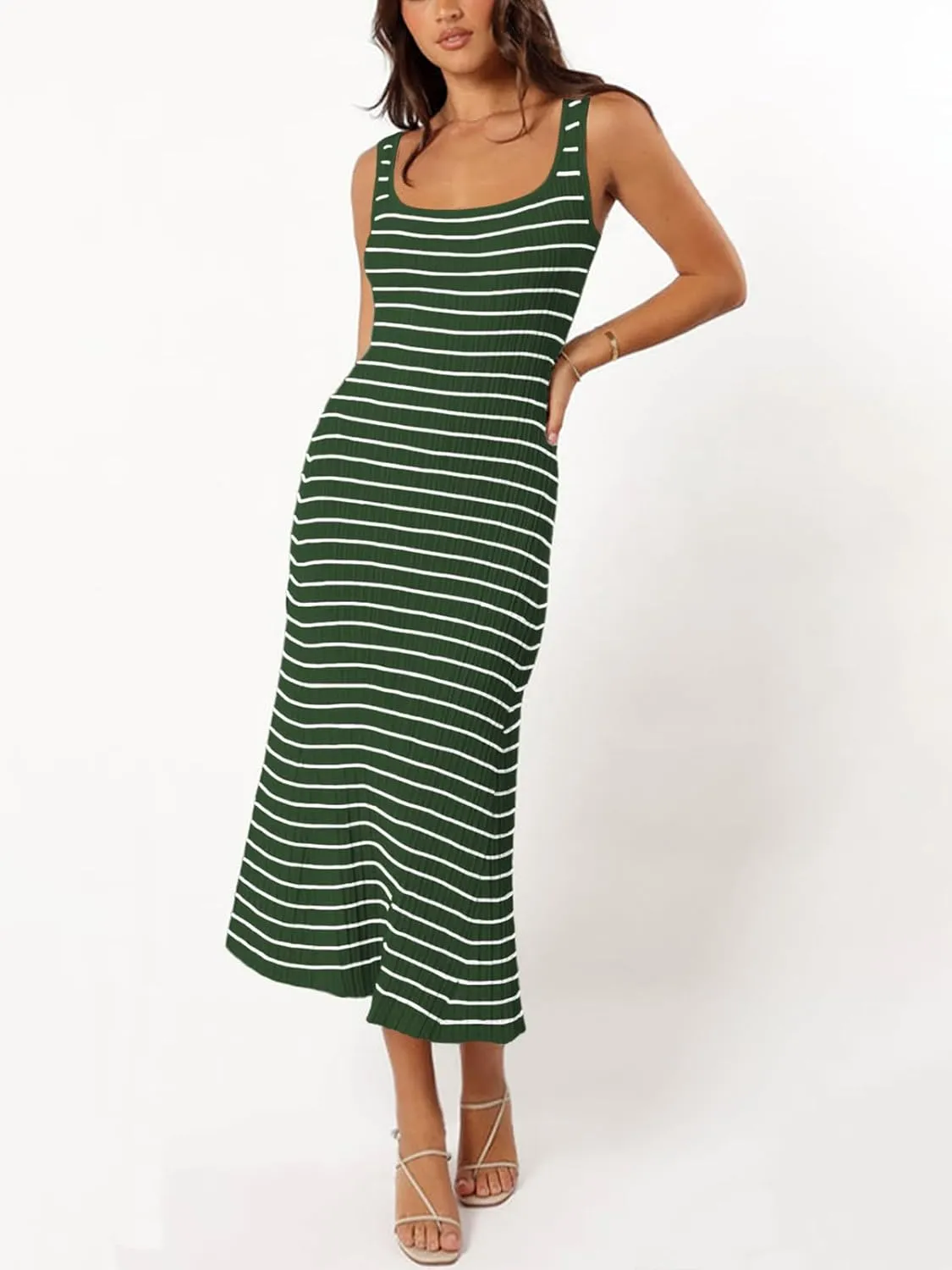 Womens Striped Bodycon Long Dress 2025 Summer Sleeveless Square Neck Ribbed Knit Tank Dress