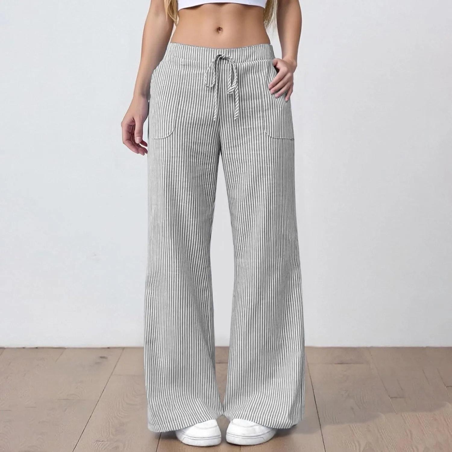 Womens Striped Linen Pants Low Rise Wide Leg Plus Size Trendy Drawstring Elastic Waist Casual Flowy Trouser with Pockets