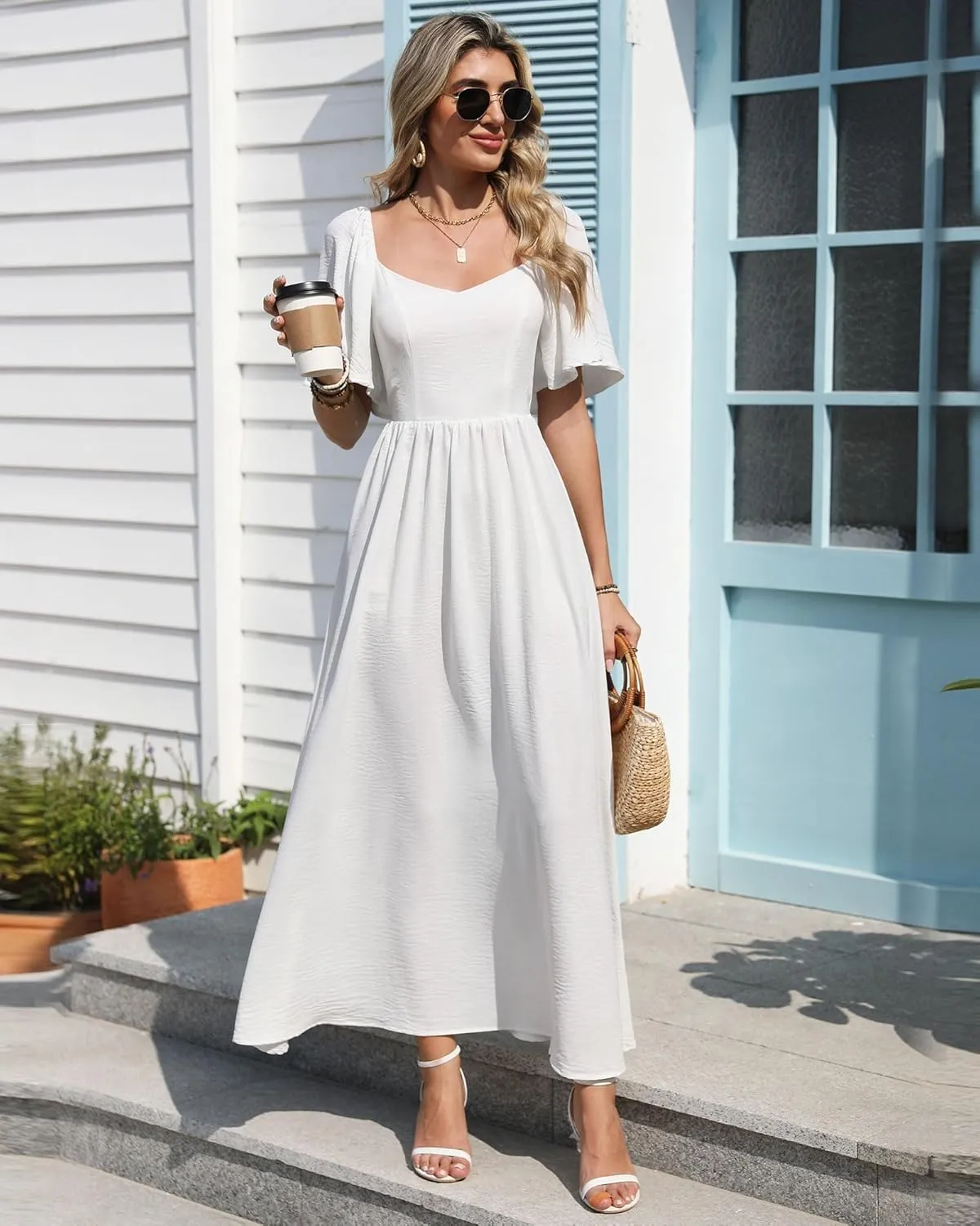Womens Summer Beach Maxi Dress with Back Bow Tie Casual Short Sleeve Square Neck High Waist A Line Flowy Boho