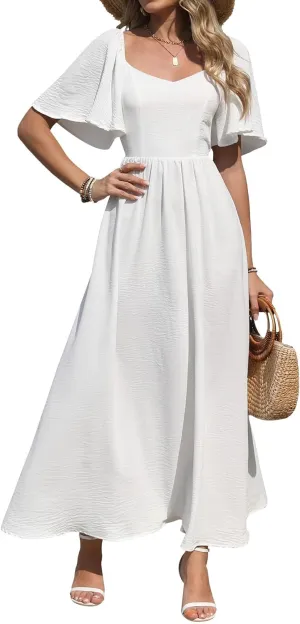 Womens Summer Beach Maxi Dress with Back Bow Tie Casual Short Sleeve Square Neck High Waist A Line Flowy Boho