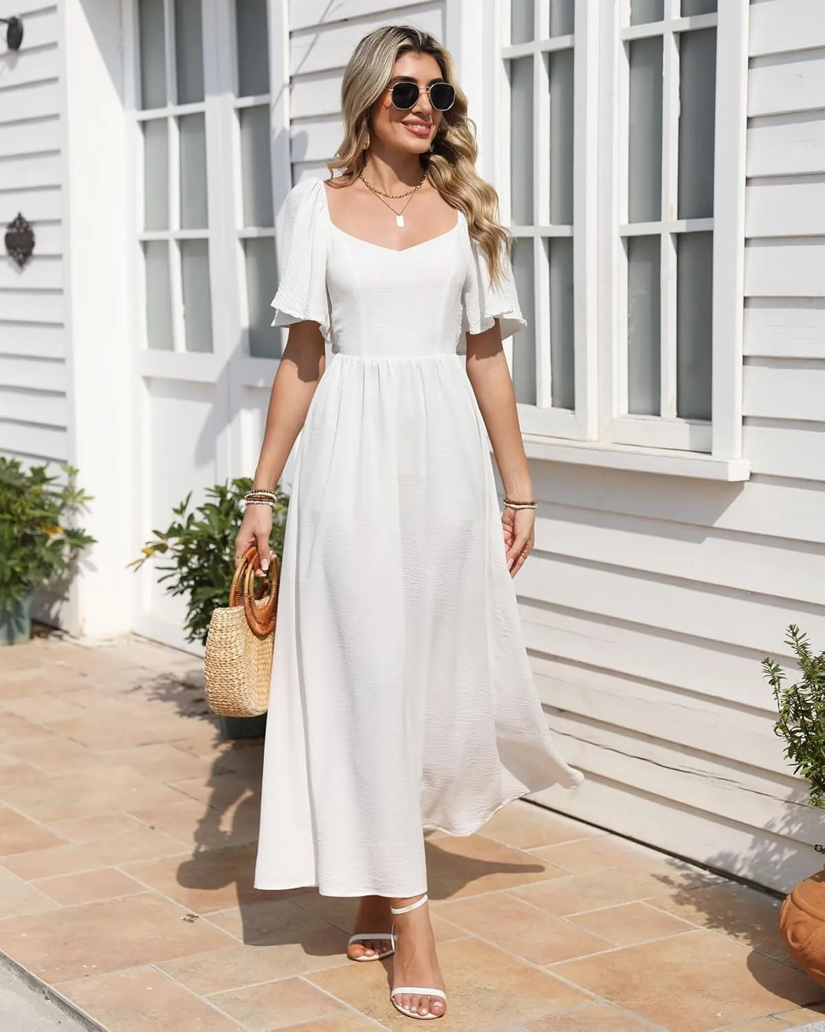 Womens Summer Beach Maxi Dress with Back Bow Tie Casual Short Sleeve Square Neck High Waist A Line Flowy Boho