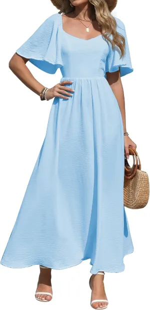 Womens Summer Beach Maxi Dress with Back Bow Tie Casual Short Sleeve Square Neck High Waist A Line Flowy Boho
