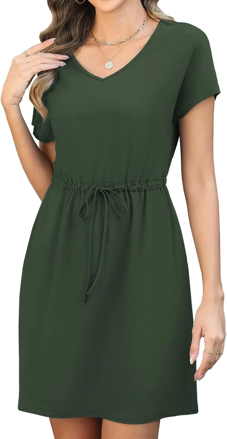 Womens Summer Dresses 2025 Casual Tie Front Short Sleeve A Line Midi Shirt Dress Beach Vacation Clothes