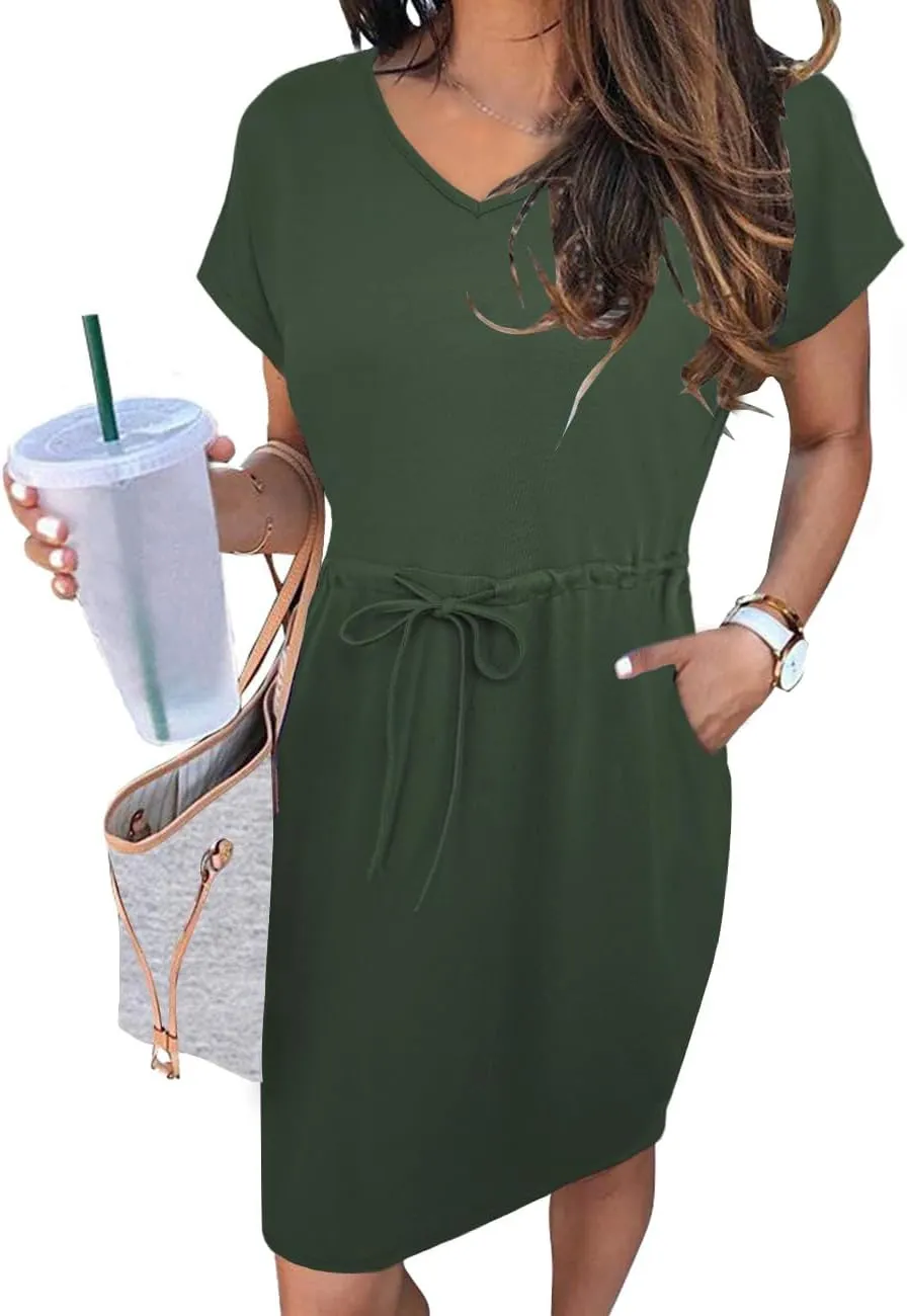 Womens Summer Dresses 2025 Casual Tie Front Short Sleeve A Line Midi Shirt Dress Beach Vacation Clothes