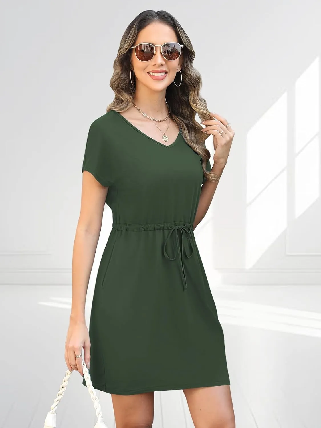 Womens Summer Dresses 2025 Casual Tie Front Short Sleeve A Line Midi Shirt Dress Beach Vacation Clothes
