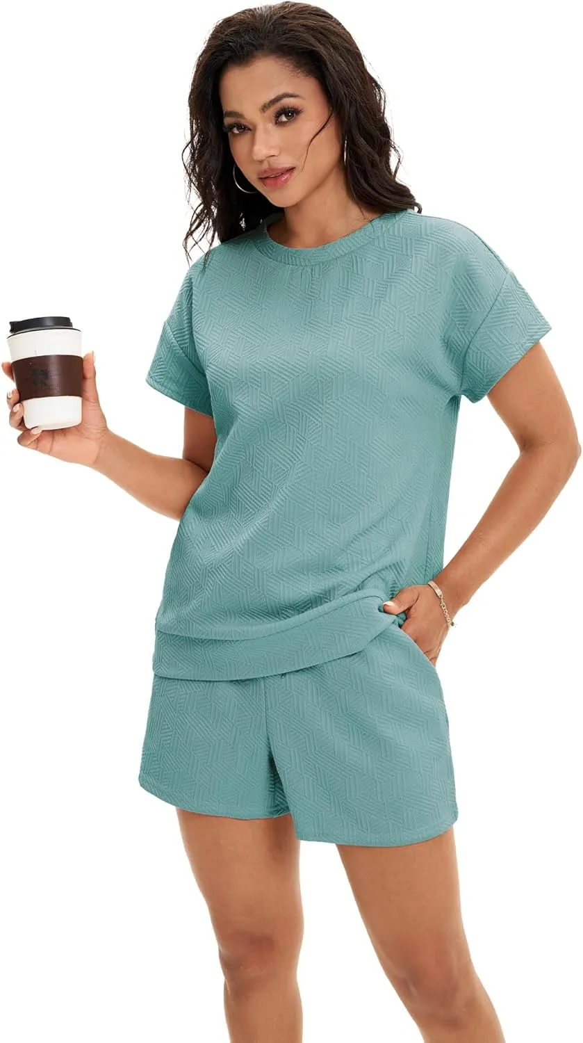 Women's Summer Sets 2 Piece Outfits Short Sleeve Tops Shorts Pants Lounge Sets Casual Pajamas Sweatsuit Set