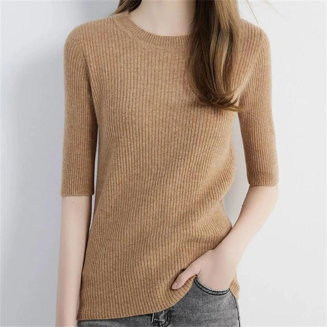 Women's Sweater Knitwears Tops Wool O-Neck Short Sleeve Sweaters Pullover
