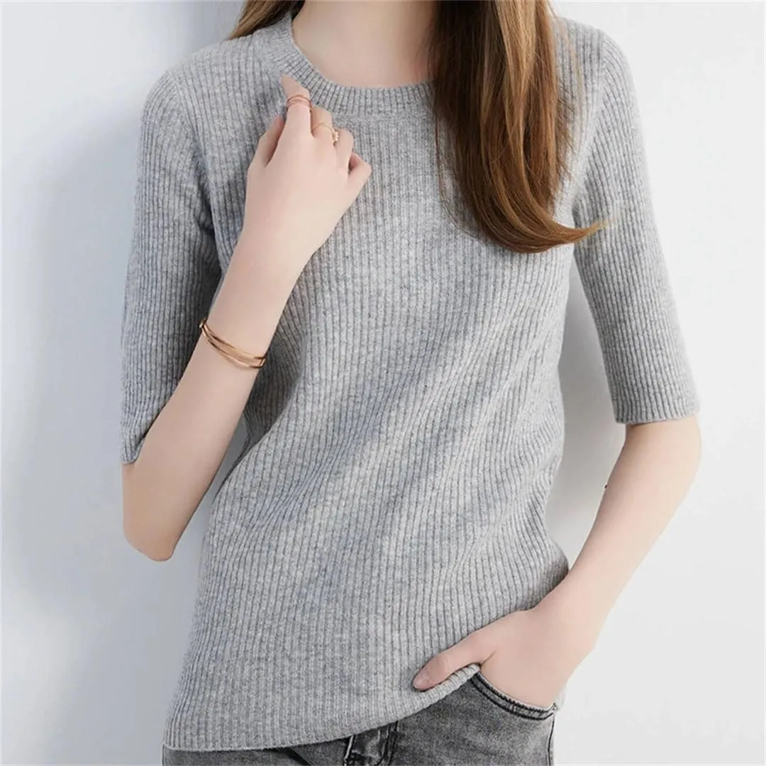 Women's Sweater Knitwears Tops Wool O-Neck Short Sleeve Sweaters Pullover