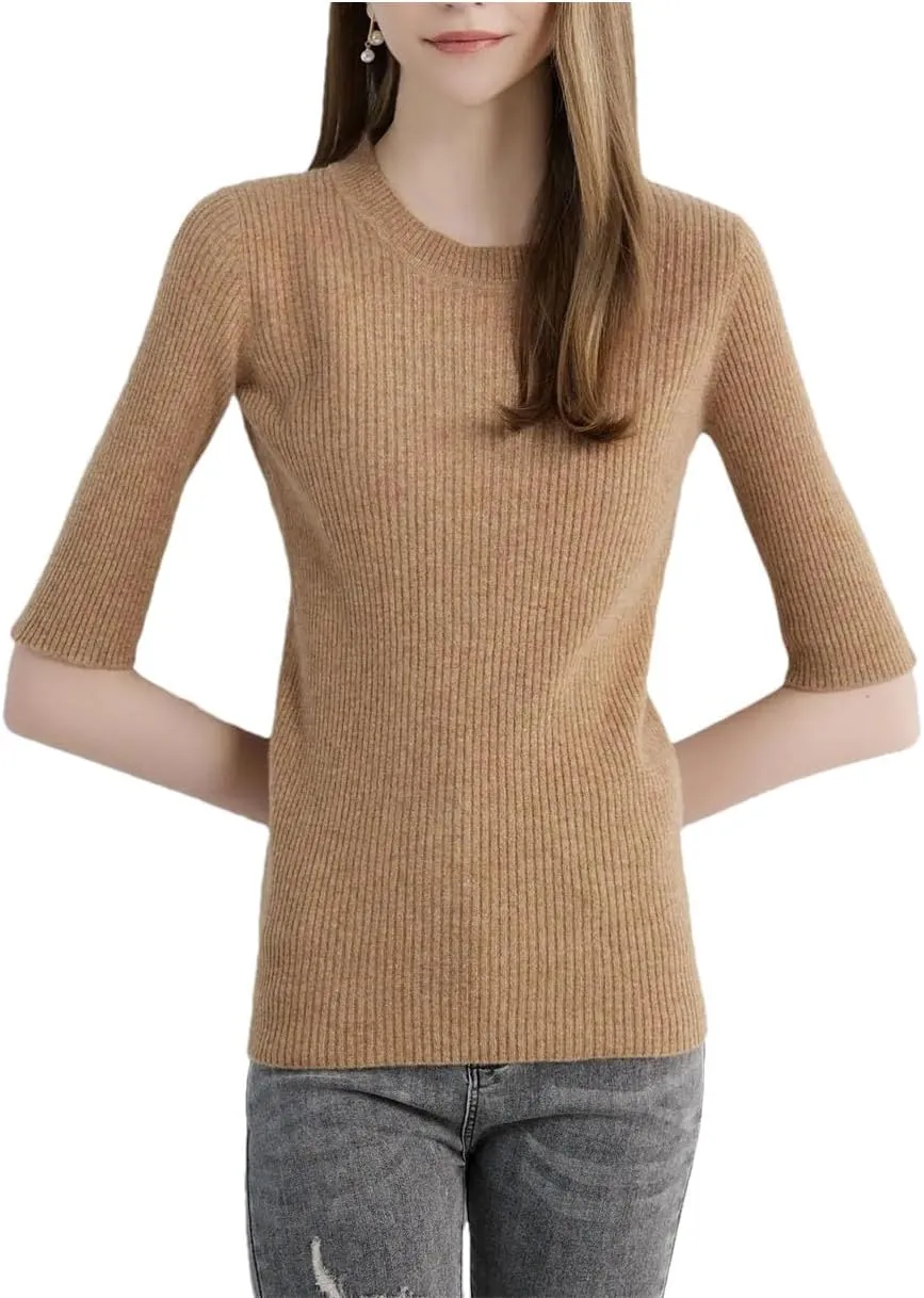 Women's Sweater Knitwears Tops Wool O-Neck Short Sleeve Sweaters Pullover