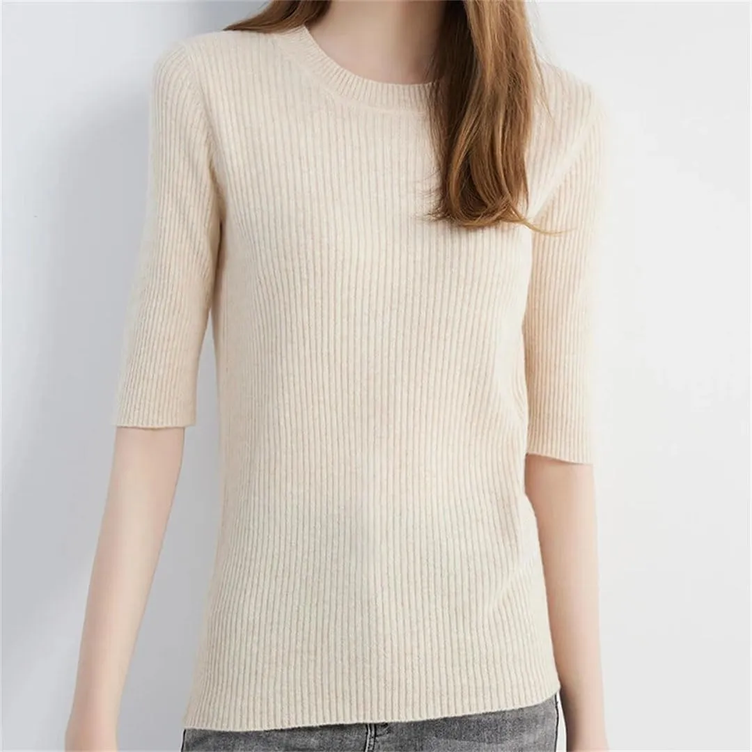 Women's Sweater Knitwears Tops Wool O-Neck Short Sleeve Sweaters Pullover