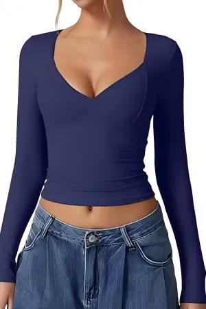 Womens T Shirts Sexy V Neck Long Sleeve Going Out 2025 Casual Workout Outfits Crop Tops Slim Fit Y2K Clothing