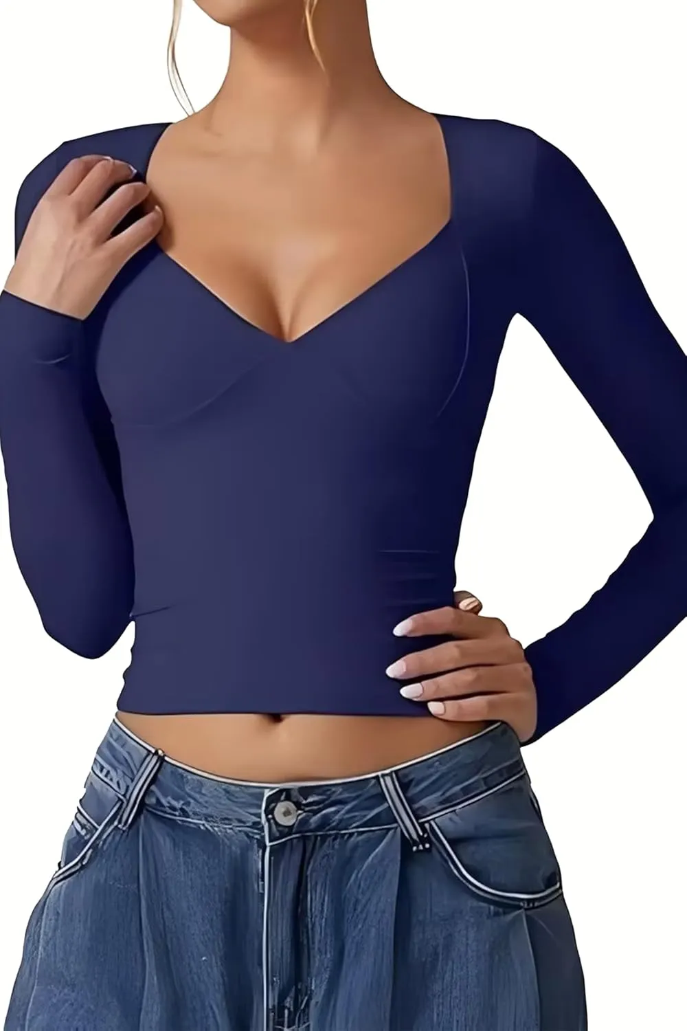 Womens T Shirts Sexy V Neck Long Sleeve Going Out 2025 Casual Workout Outfits Crop Tops Slim Fit Y2K Clothing