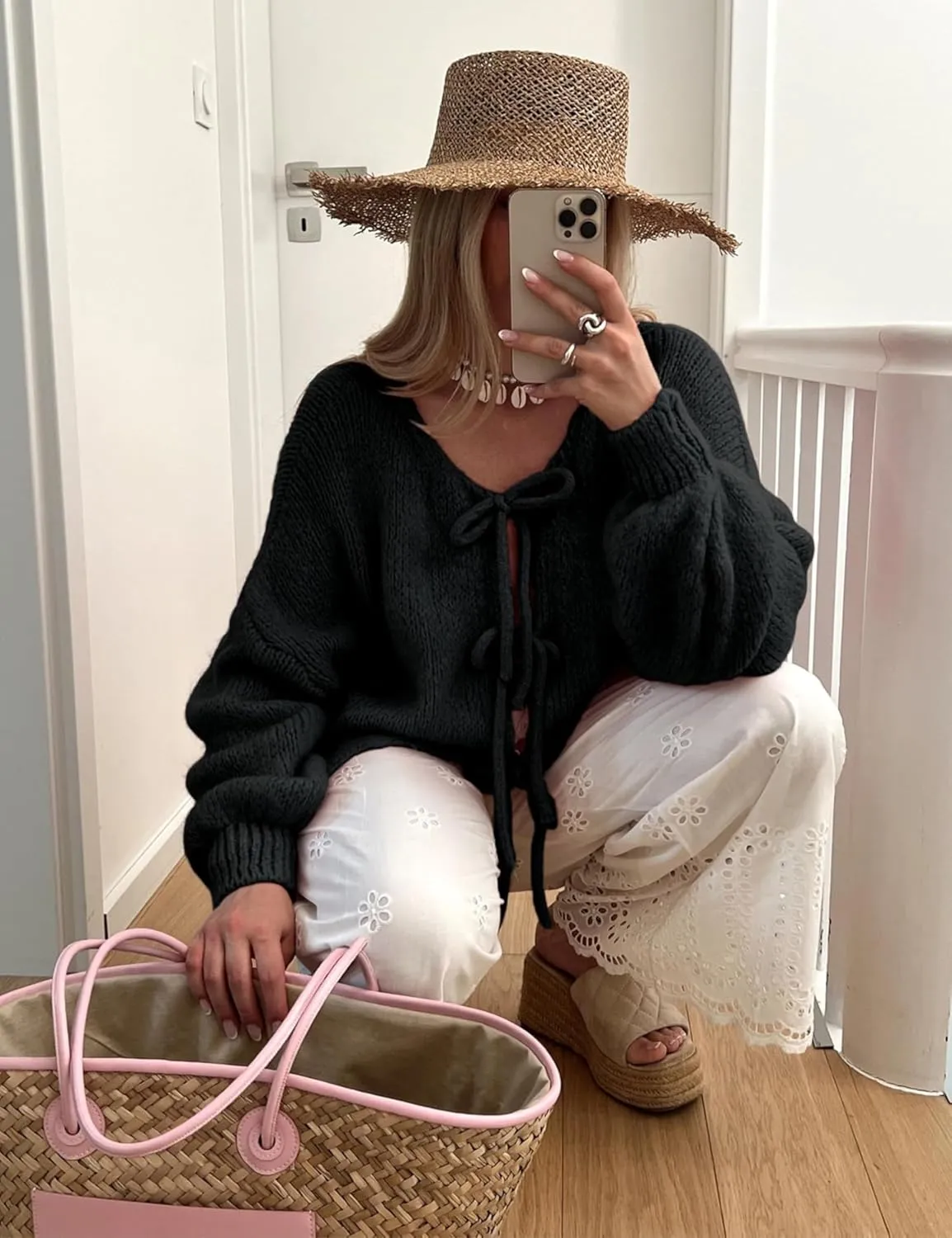 Women's Tie Front Bow Cardigan Sweaters Oversized Chunky Long Sleeve Open Front Knit Sweater Tops