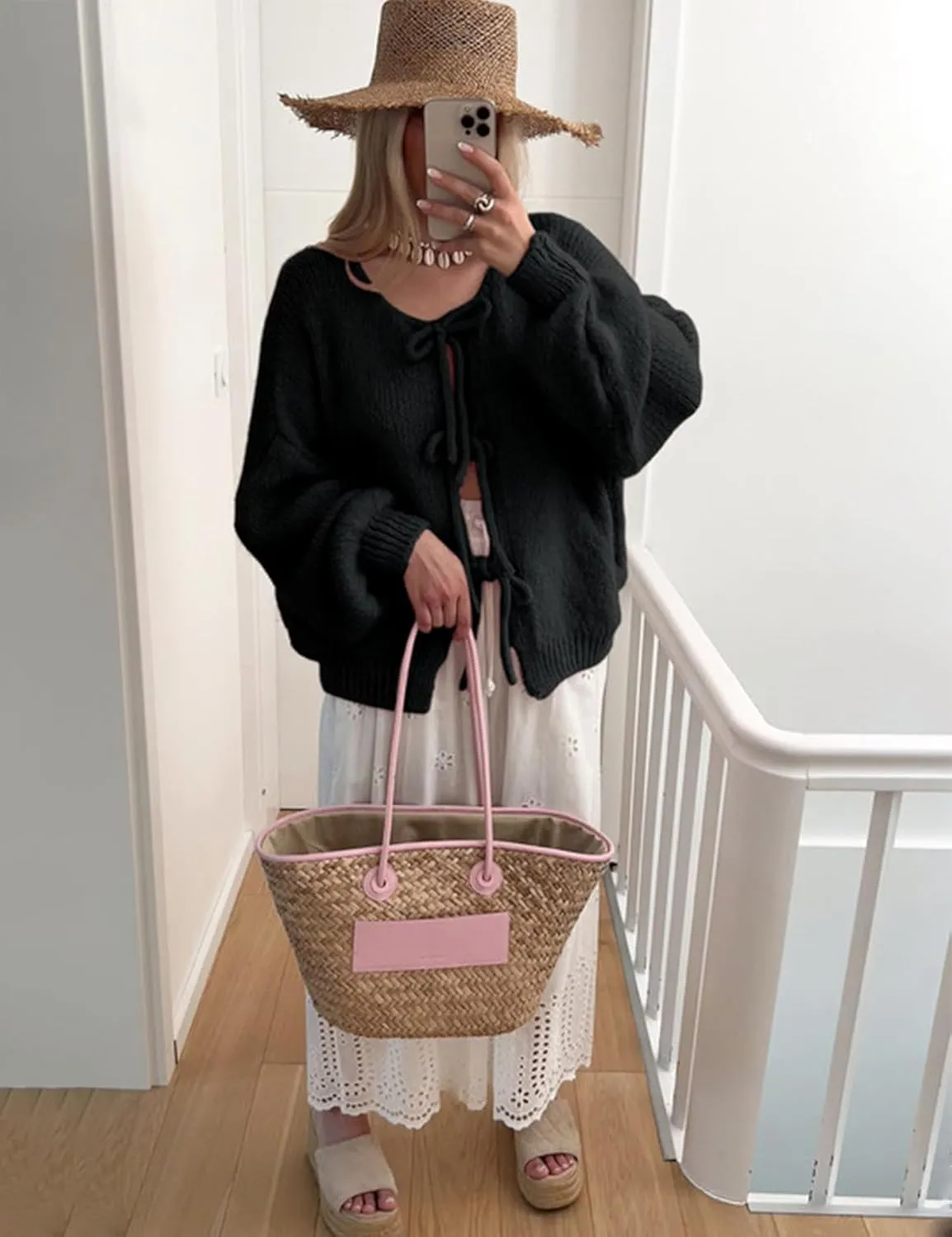 Women's Tie Front Bow Cardigan Sweaters Oversized Chunky Long Sleeve Open Front Knit Sweater Tops