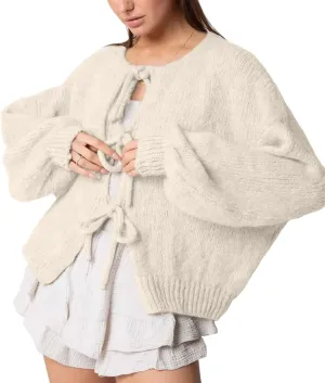 Women's Tie Front Bow Cardigan Sweaters Oversized Chunky Long Sleeve Open Front Knit Sweater Tops