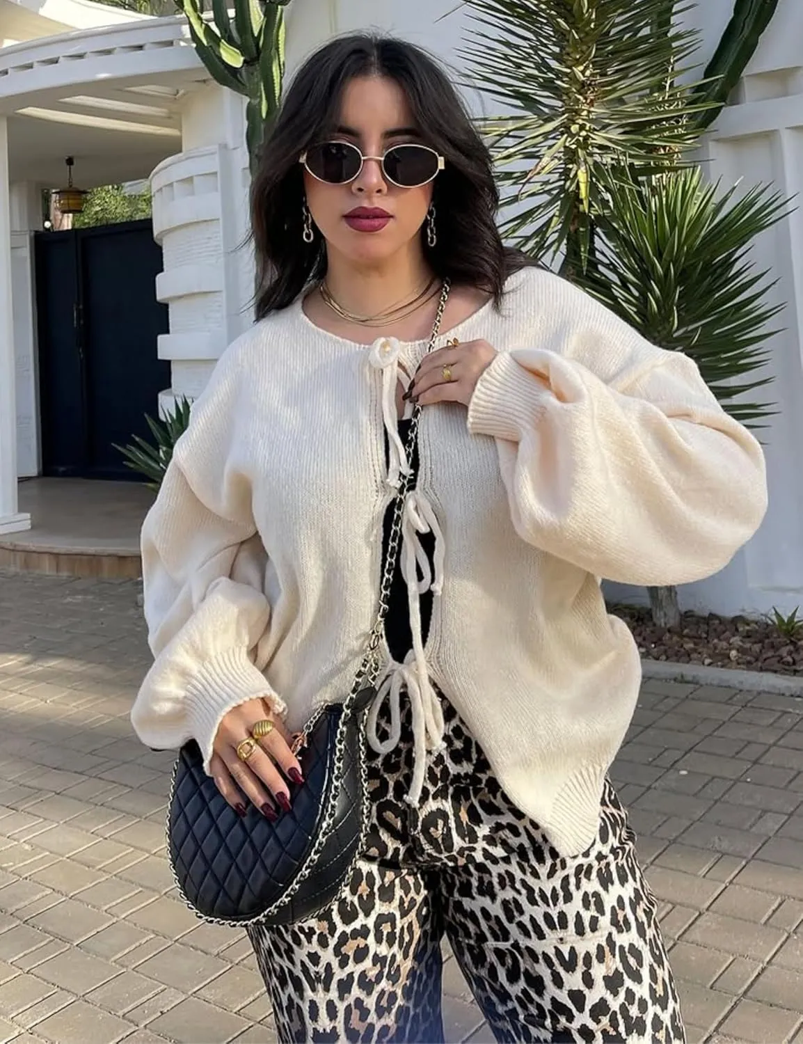 Women's Tie Front Bow Cardigan Sweaters Oversized Chunky Long Sleeve Open Front Knit Sweater Tops