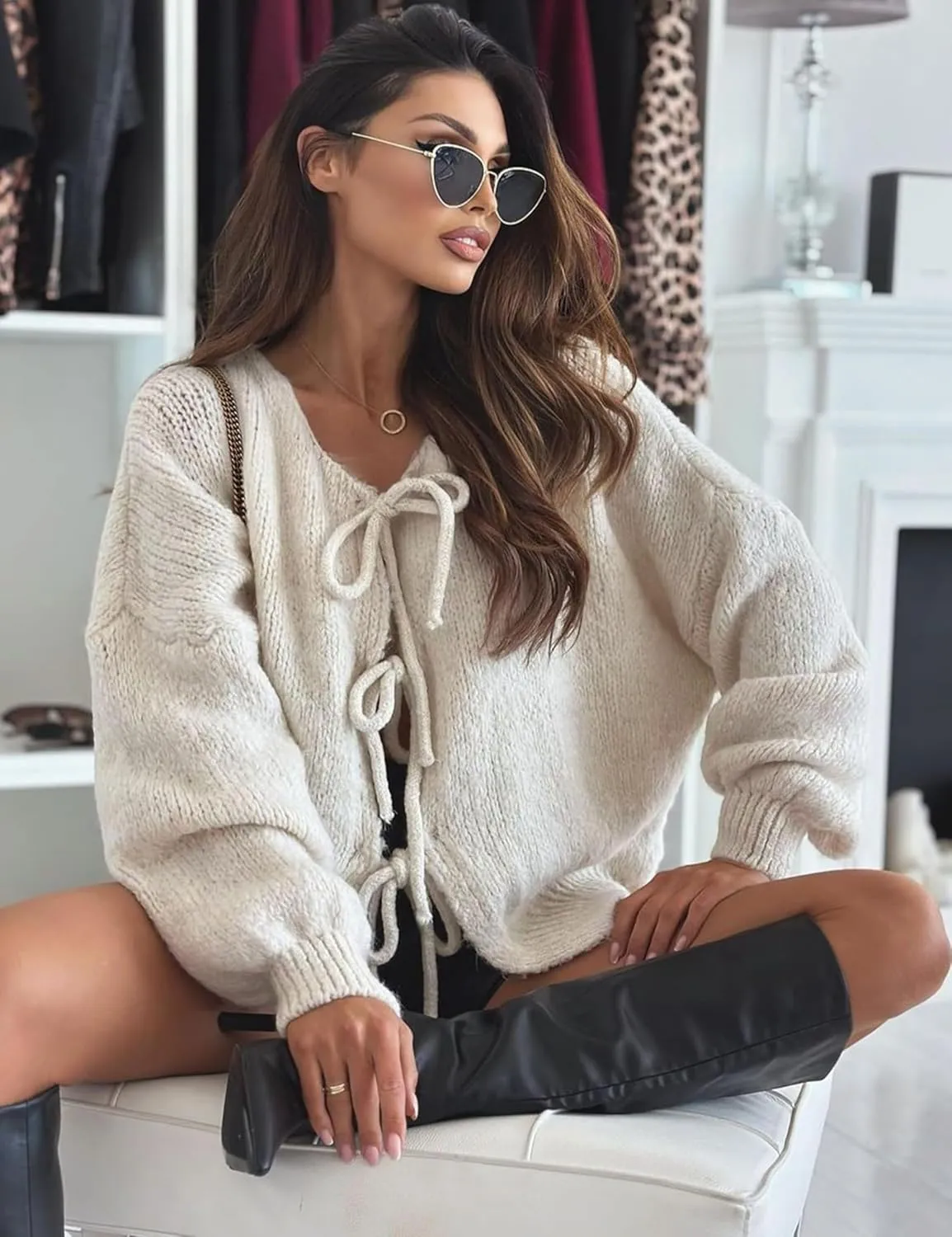 Women's Tie Front Bow Cardigan Sweaters Oversized Chunky Long Sleeve Open Front Knit Sweater Tops