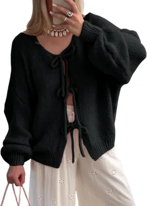 Women's Tie Front Bow Cardigan Sweaters Oversized Chunky Long Sleeve Open Front Knit Sweater Tops