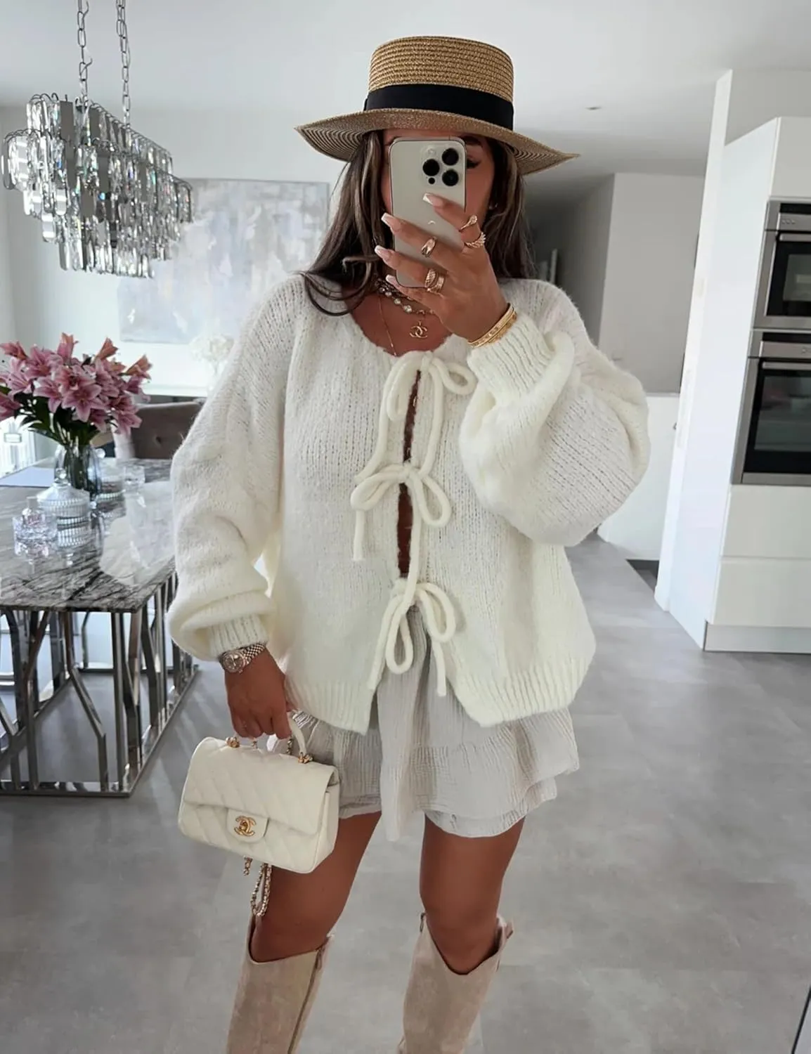 Women's Tie Front Bow Cardigan Sweaters Oversized Chunky Long Sleeve Open Front Knit Sweater Tops