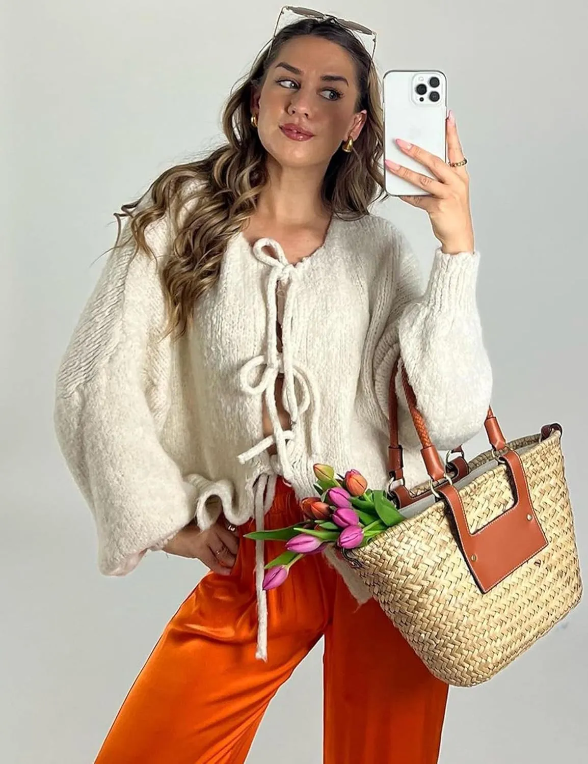 Women's Tie Front Bow Cardigan Sweaters Oversized Chunky Long Sleeve Open Front Knit Sweater Tops