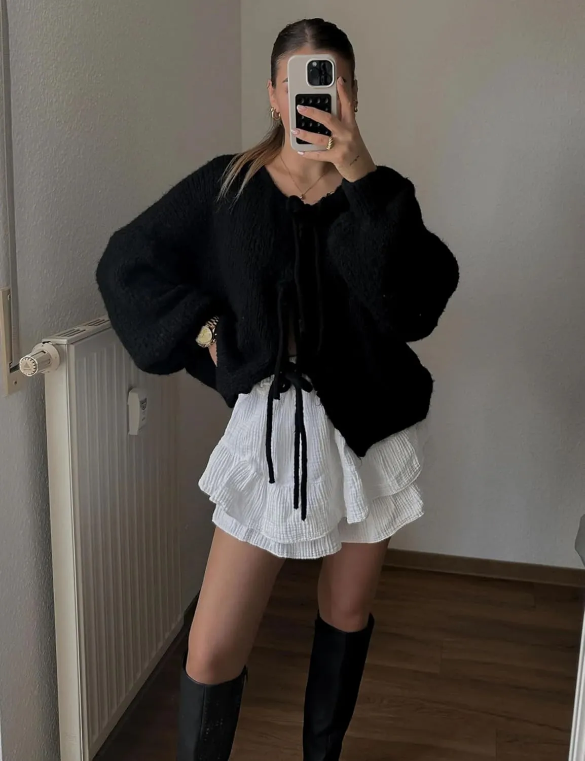 Women's Tie Front Bow Cardigan Sweaters Oversized Chunky Long Sleeve Open Front Knit Sweater Tops