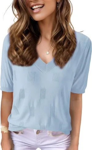 Womens Tops 2025 Spring Summer Short Sleeve V Neck Sweaters Trendy Dressy Casual Blouse Lightweight Knit Shirts
