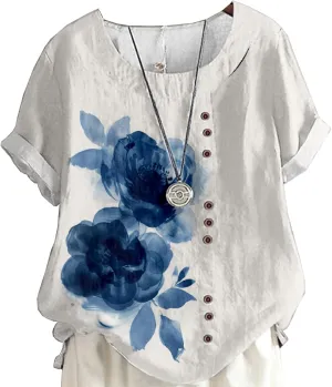 Women's Vintage Linen Tops Short Sleeve Boho Summer Graphic Tees Tunic Shirts Casual Fashion Button Blouses