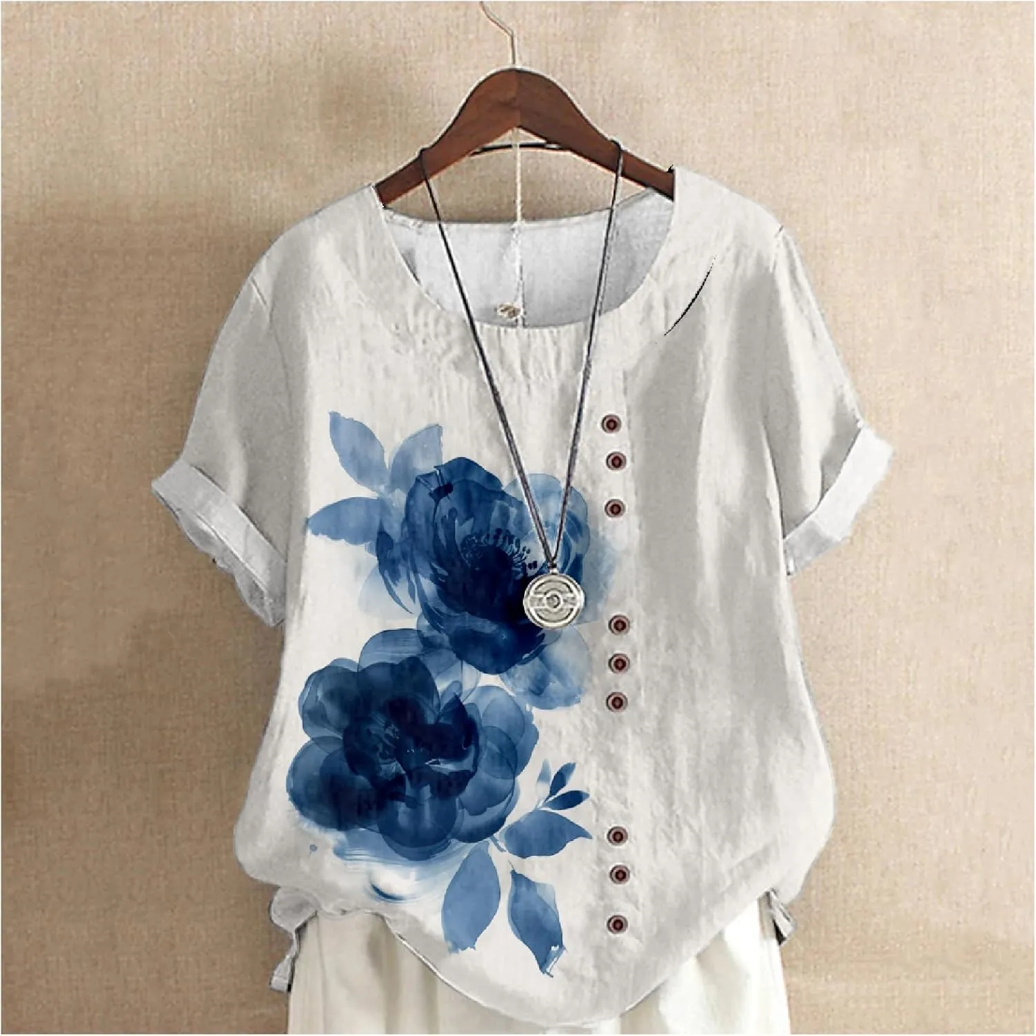 Women's Vintage Linen Tops Short Sleeve Boho Summer Graphic Tees Tunic Shirts Casual Fashion Button Blouses