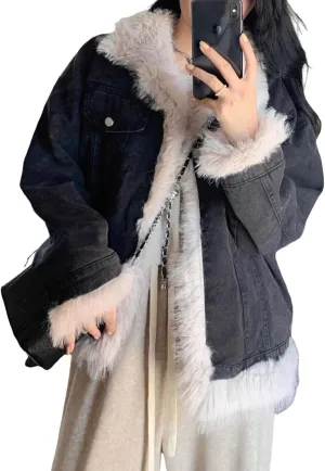 Women's Warm Sherpa Jean Jacket Winter Fashion Fleece Thicken Loose Denim Coat Trucker Jacket