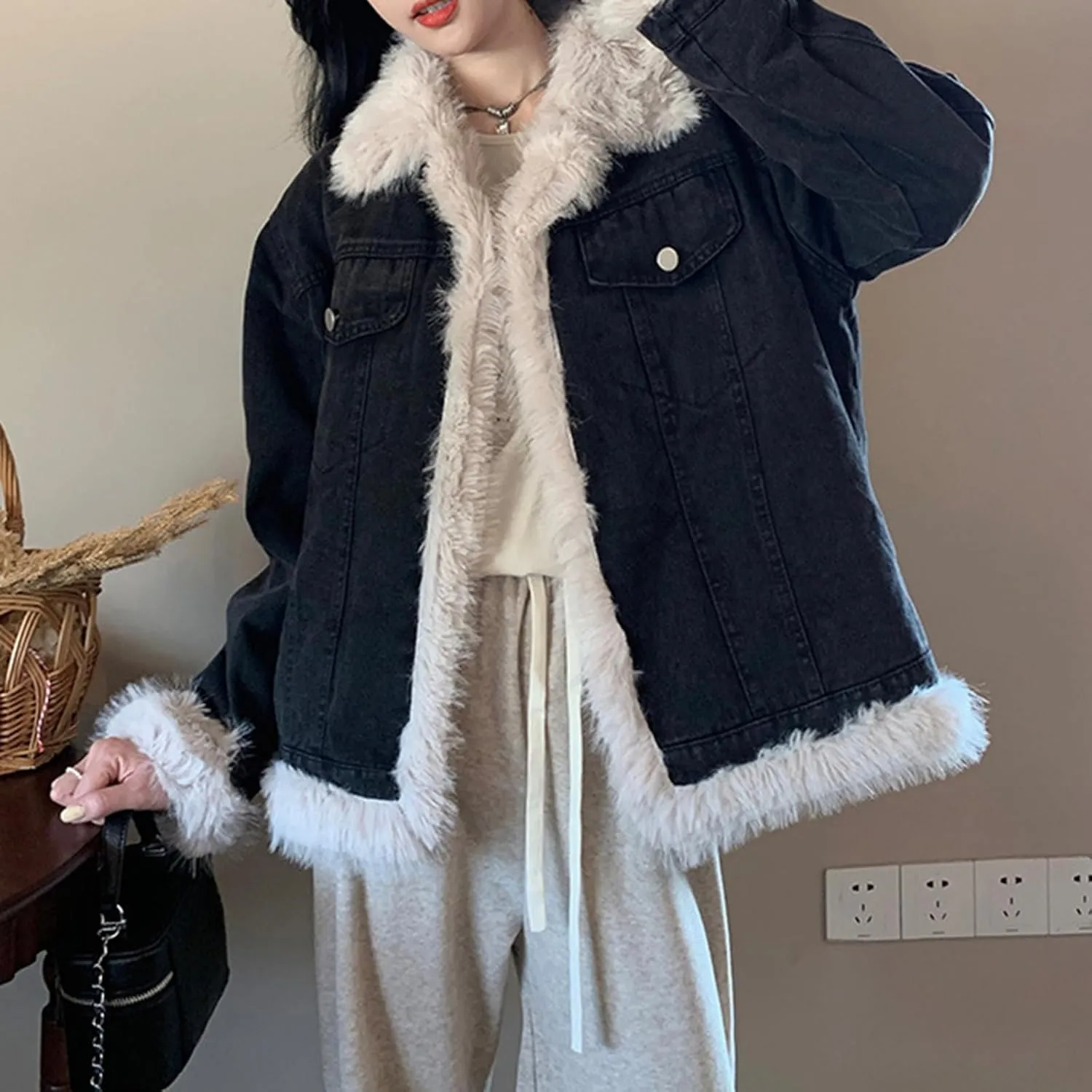 Women's Warm Sherpa Jean Jacket Winter Fashion Fleece Thicken Loose Denim Coat Trucker Jacket