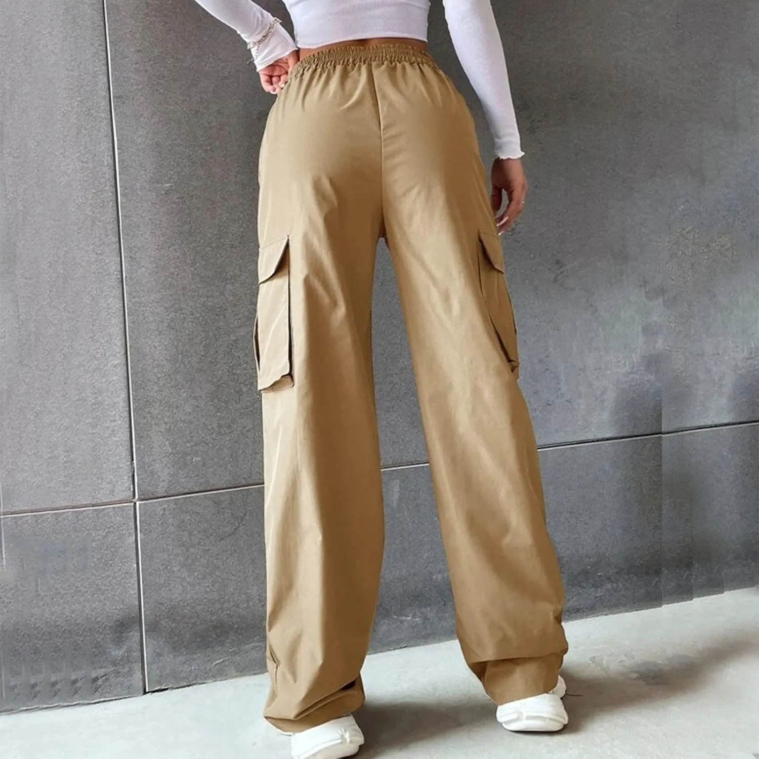 Womens Wide Leg Cargo Pants Plus Size Baggy Elastic High Waisted Straight Leg Pants Y2k Loose Solid Lounge Trousers
