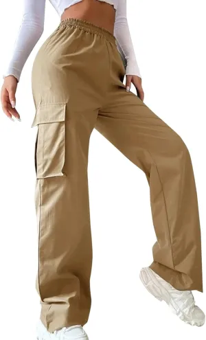 Womens Wide Leg Cargo Pants Plus Size Baggy Elastic High Waisted Straight Leg Pants Y2k Loose Solid Lounge Trousers