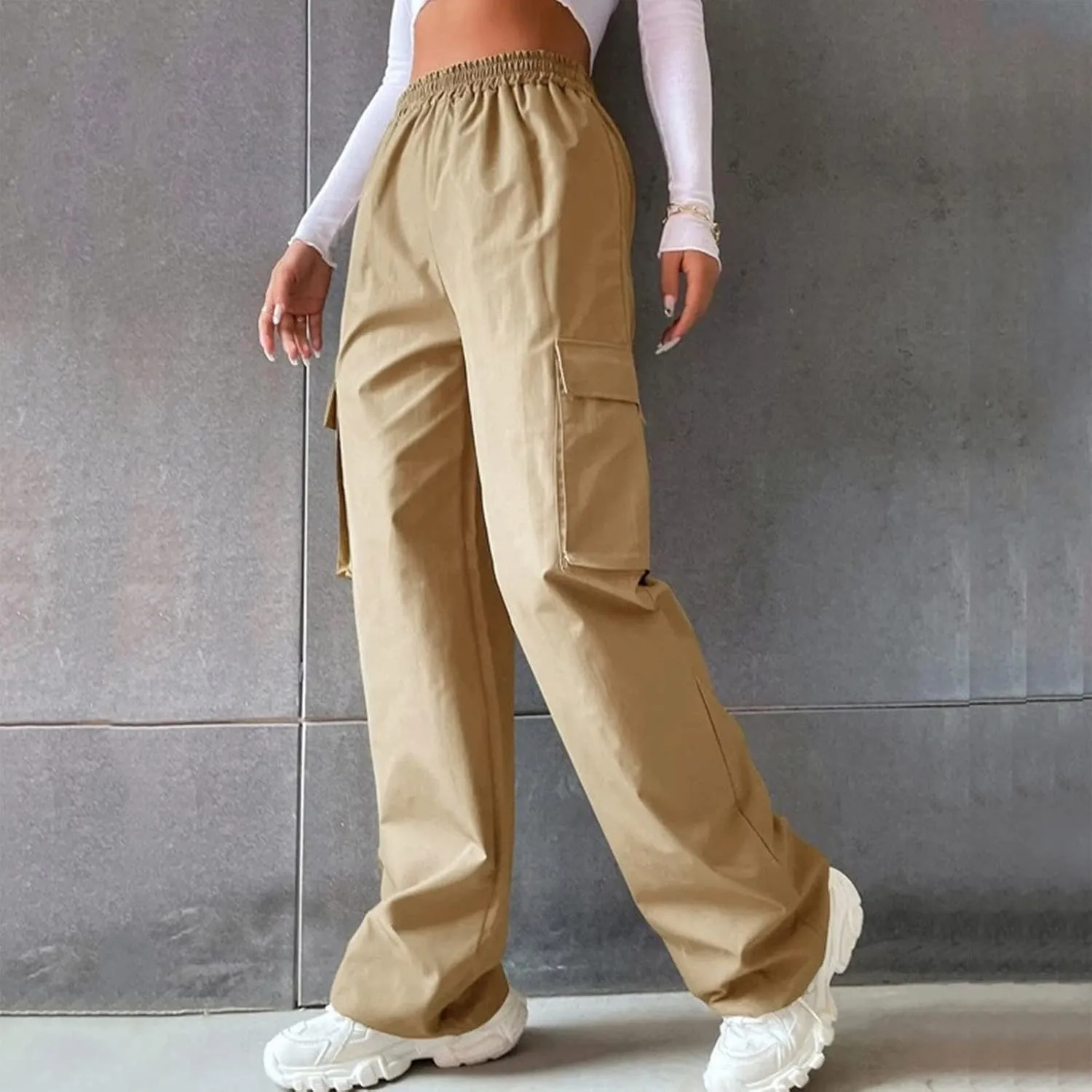 Womens Wide Leg Cargo Pants Plus Size Baggy Elastic High Waisted Straight Leg Pants Y2k Loose Solid Lounge Trousers