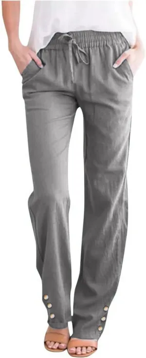 Women's Wide Leg Pants High Waist Casual Summer Linen Pants Drawstring Straight Leg Lounge Trousers with Pockets