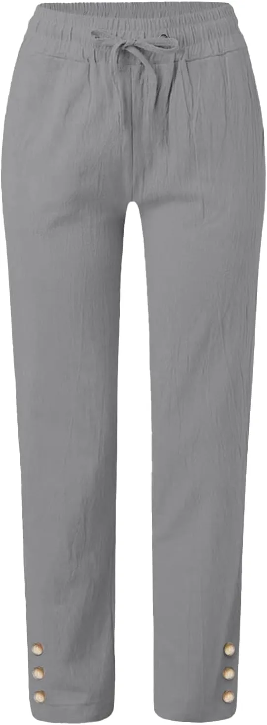 Women's Wide Leg Pants High Waist Casual Summer Linen Pants Drawstring Straight Leg Lounge Trousers with Pockets