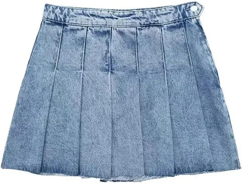 Women's Wide Pleated Denim Mini Skirt Vintage High Waist Side Zipper Women's Skirt