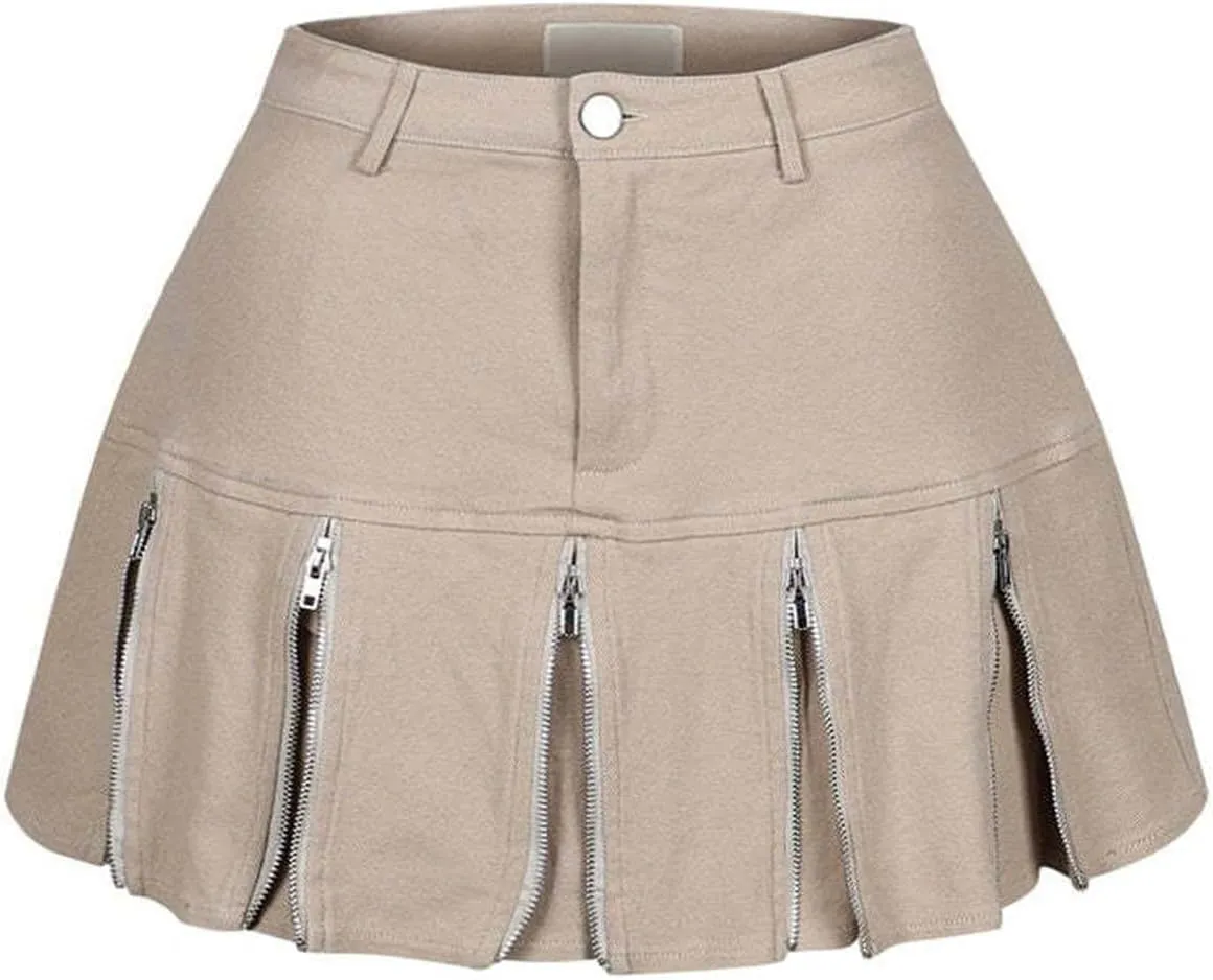 Women's Zipper Pleated Mini Skirt 2025 Summer High Waisted Solid Color A Line Short Skirts Y2k Streetwear