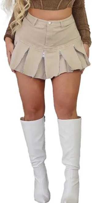 Women's Zipper Pleated Mini Skirt 2025 Summer High Waisted Solid Color A Line Short Skirts Y2k Streetwear
