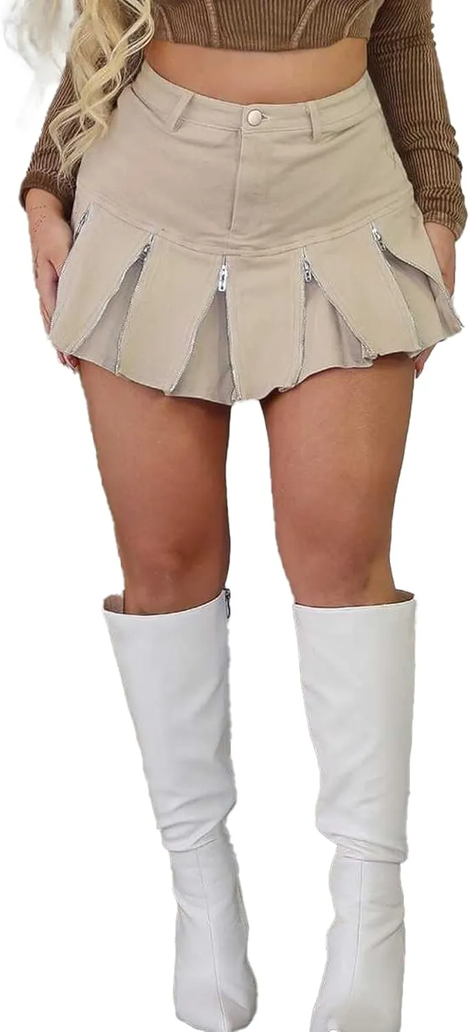 Women's Zipper Pleated Mini Skirt 2025 Summer High Waisted Solid Color A Line Short Skirts Y2k Streetwear