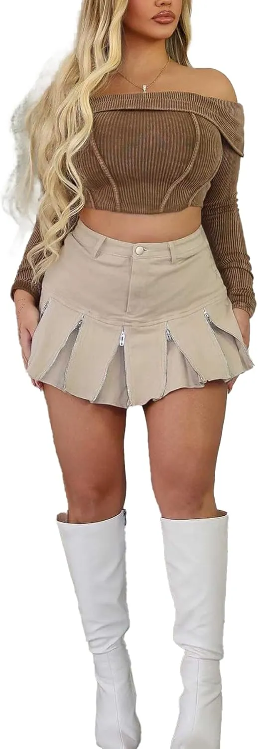 Women's Zipper Pleated Mini Skirt 2025 Summer High Waisted Solid Color A Line Short Skirts Y2k Streetwear