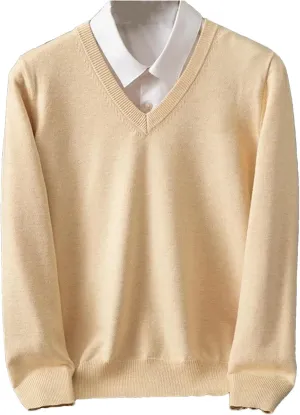 Wool Sweater Men's V-Neck Pullover Tops Autumn Winter Solid Color Versatile Basic Sweater.