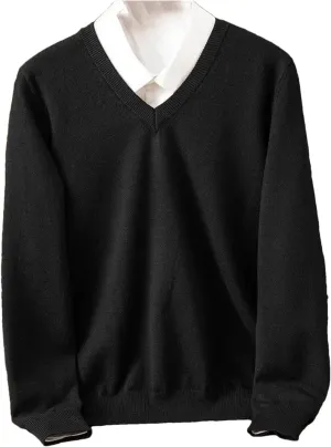 Wool Sweater Men's V-Neck Pullover Tops Autumn Winter Solid Color Versatile Basic Sweater.