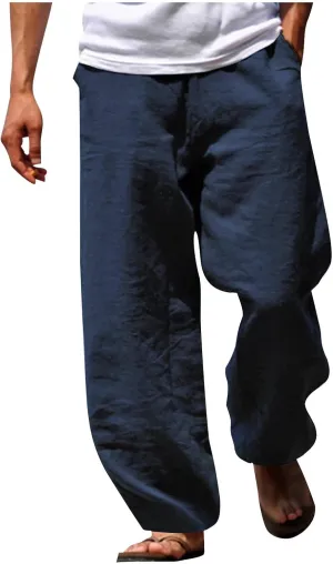 Xiaojmake Mens Casual Linen Yoga Pants Loose Fit Elastic Waist Sweatpant Wide Leg Hippie Baggy Trousers Spring Beach Pant