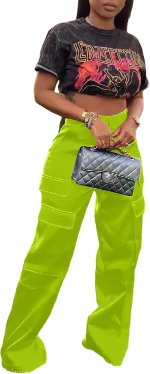 XZLUFNY Women's Bootcut Cargo Pant Lightweight Solid Color Waist Shaped Straight Leg Cargo Trousers Neon Green L